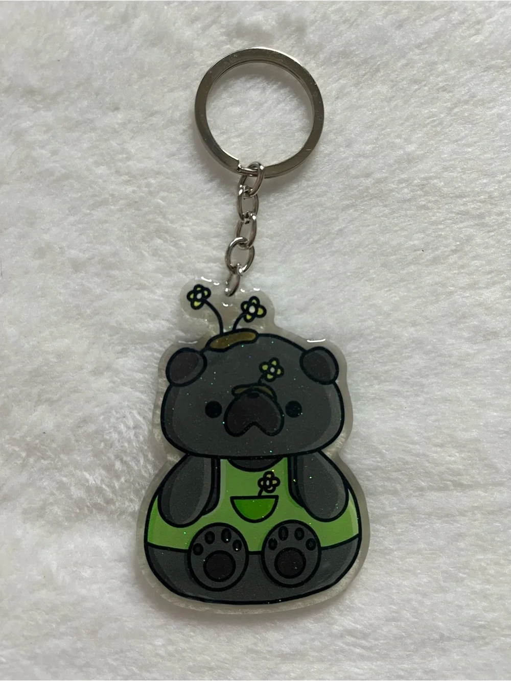 Pug black acrylic glitter keychain Cute Keychain with Green Overalls